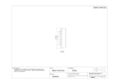 Heavy Duty Tapered Roller Bearing Inner Race Cone Built Right Steel Single Cup Assembly side view showing 1.25in inner diameter and 0.875in width.