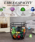 Large Capacity Black Wire Coffee Pod Holder With Wooden Base on counter with assorted coffee pods, stylish kitchen organizer.