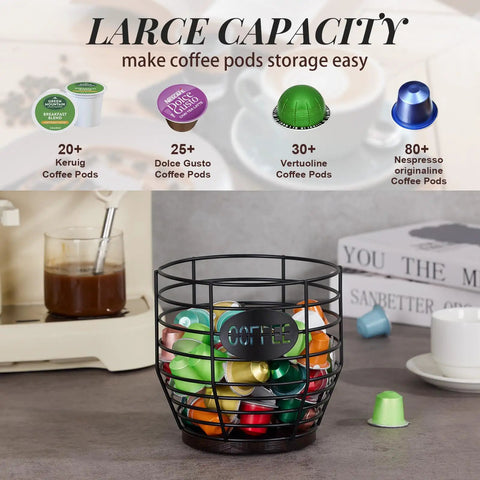 Large Capacity Black Wire Coffee Pod Holder With Wooden Base on counter with assorted coffee pods, stylish kitchen organizer.