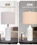 White Ceramic Table Lamps Set Of 2 For Living Room And Bedroom, Farmhouse Nightstand Lamps With Drum Lampshades, 24.25 Inch Tall, Wave Relief Bases For Cozy Modern Rustic Vibe, shown in day and night settings.