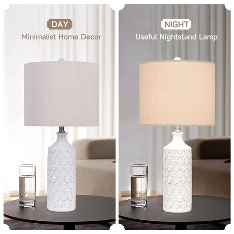 White Ceramic Table Lamps Set Of 2 For Living Room And Bedroom, Farmhouse Nightstand Lamps With Drum Lampshades, 24.25 Inch Tall, Wave Relief Bases For Cozy Modern Rustic Vibe, shown in day and night settings.