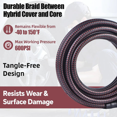 Beefy Heavy Duty Hybrid Air Hose For Industrial Compressors One Quarter Inch By Twenty Five Foot 600 PSI coiled view with text overlay
