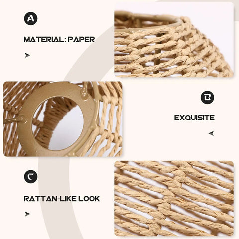 Close-up of three pack rattan lamp shades vintage boho hanging light covers, paper material with rattan-like look, cozy vibe.