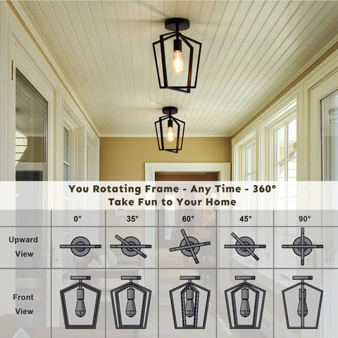 Rotating Black Semi Flush Mount Ceiling Light Fixture With 360 Degree Frame Over Kitchen Sink And Hallway Farmhouse Modern LED