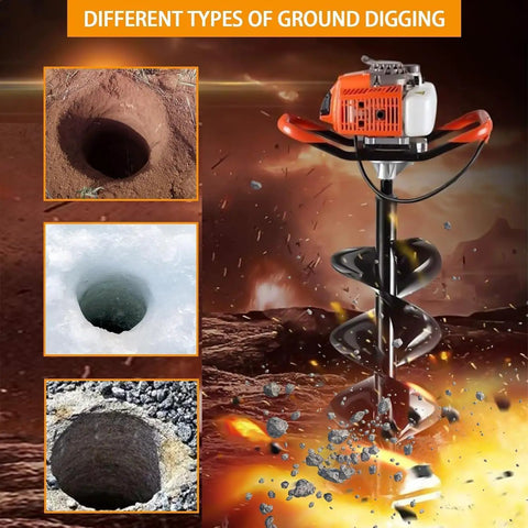 Gas Powered 62cc Auger Post Hole Digger with Three Drill Bits 3 Inch 5 Inch 8 Inch and Extensions for Ground Digging