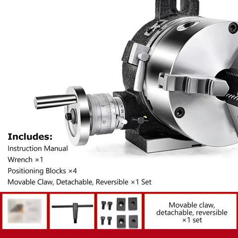 Heavy Duty Three Jaw Chuck Universal Indexing Head For CNC Milling Machines showcasing included tools and features.