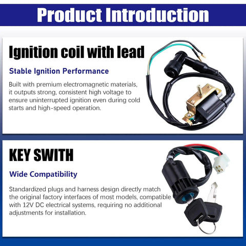 Complete Wiring Harness Kit With Kill Switch Ignition Coil CDI Box Spark Plug Rebuild For Kick Start Dirt Bike ATV Go Kart 50cc To 160cc 4 Stroke Buggy showing ignition coil and key switch components.