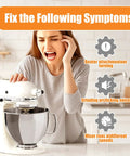 Woman frustrated with stand mixer, highlighting issues like beater not turning, noise, and speed variations. 2 Pack W10112253 Mixer Worm Gear Replacement For Stand Mixers Durable Plastic Gear With Metal Hub Easy Install No Fuss Upgrade Replaces 4162897 4169830 AP4295669 PS11748374 Improves Durability Smooth Operation And Peak Efficiency.