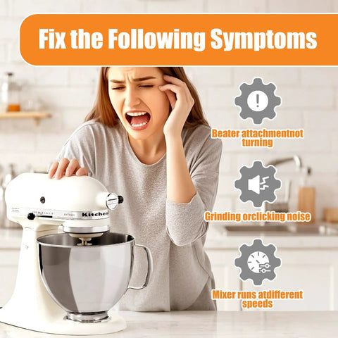 Woman frustrated with stand mixer, highlighting issues like beater not turning, noise, and speed variations. 2 Pack W10112253 Mixer Worm Gear Replacement For Stand Mixers Durable Plastic Gear With Metal Hub Easy Install No Fuss Upgrade Replaces 4162897 4169830 AP4295669 PS11748374 Improves Durability Smooth Operation And Peak Efficiency.