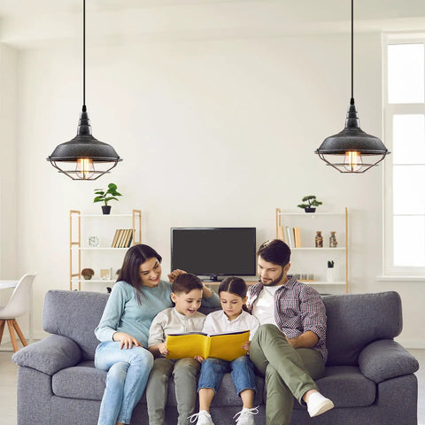 Three Pack Matte Black And Silver Pendant Lights 10.5 Inch Dope Industrial Vintage Farmhouse Ceiling Lamps in living room