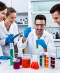 Group using Ultimate 22 Piece Plastic Labware Set For DIY Home Science in a lab with beakers, cylinders, and test tubes.