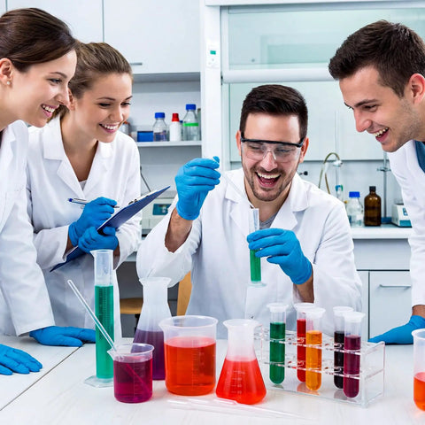 Group using Ultimate 22 Piece Plastic Labware Set For DIY Home Science in a lab with beakers, cylinders, and test tubes.