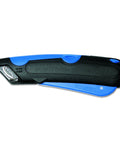 Easycut Cutter Knife With Self Retracting Safety Tipped Blade And Adjustable Length Dial Retractable Edge Guides For Box Tops Built In Blade Storage Includes Three Replacement Blades Black Blue, side view