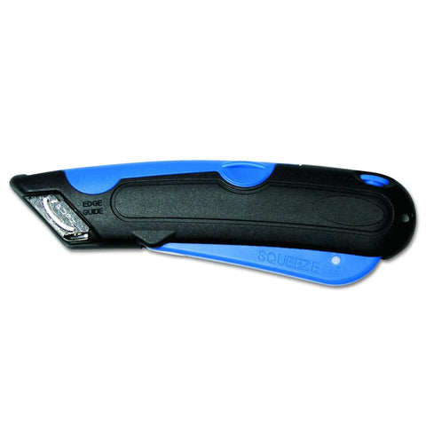 Easycut Cutter Knife With Self Retracting Safety Tipped Blade And Adjustable Length Dial Retractable Edge Guides For Box Tops Built In Blade Storage Includes Three Replacement Blades Black Blue, side view