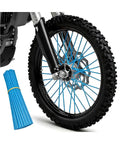Dirt bike front wheel with light blue spoke covers and a set of 72 Pcs Dirt Bike Spoke Covers Kit With Dustproof Wheel Rim Skins Wraps Guards And Bicycle Tire Trim Decoration Protector Universal Fit Easy Install For Motorcycles Scooters And Bikes Light Blue
