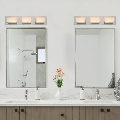 Everett 24 Inch Modern 3 Light Integrated LED Vanity Light with Brushed Nickel Finish in bathroom setting