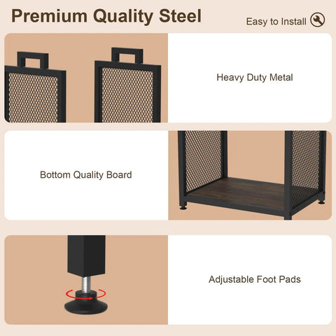 Built Tough Indoor Firewood Rack With Leather Carrier 17.32 Inch Metal Wood Storage Stand features adjustable foot pads and sturdy metal