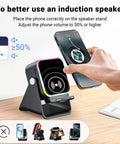 Induction And Bluetooth 5.3 Speaker With Phone Stand 5 In 1 Wireless Audio displaying phone screen and induction area.
