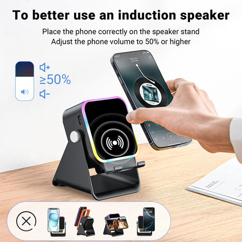 Induction And Bluetooth 5.3 Speaker With Phone Stand 5 In 1 Wireless Audio displaying phone screen and induction area.