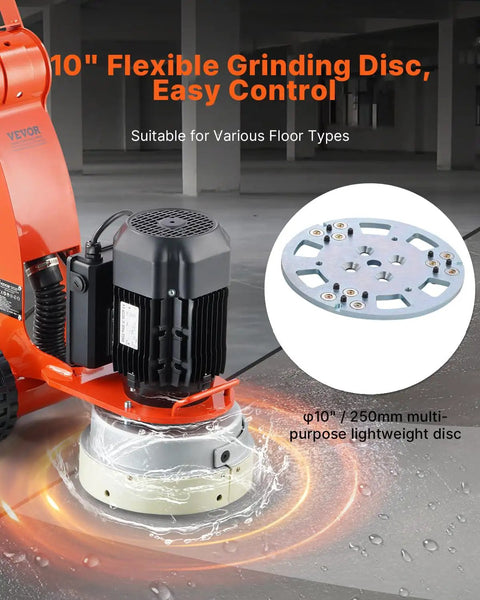 10 Inch Electric Concrete Floor Grinder Walk Behind Polisher with 1.7HP brushless copper motor shown grinding a concrete floor.