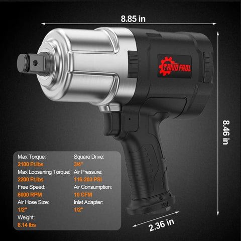 Pro Grade Three Quarter Inch Air Impact Wrench With Twin Hammer Drive, 2100 Ft Lbs Torque, 6000 RPM, alloy construction.