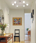 Six Light Nickel Sputnik Ceiling Chandelier With Mid Century Style, Modern Semi Flush Mount Hanging Light Fixture in hallway