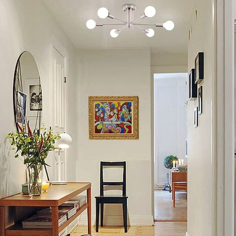 Six Light Nickel Sputnik Ceiling Chandelier With Mid Century Style, Modern Semi Flush Mount Hanging Light Fixture in hallway