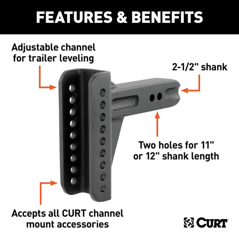 Replacement Adjustable Trailer Hitch Ball Mount Shank For 2-1/2 Inch Receivers illustrating features and benefits.