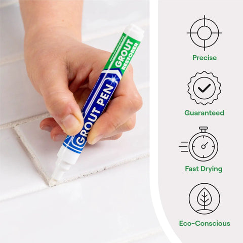 White Tile Grout Paint Marker For Grout Color And Sealer Waterproof Narrow 5mm Tip 7mL shown in use on bathroom tiles