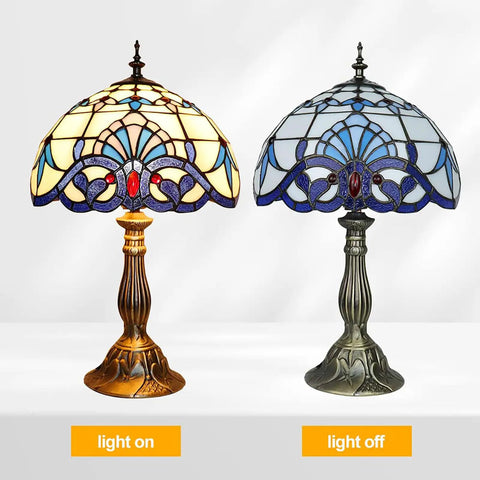 Vintage White Stained Glass Tiffany Style Table Lamp With LED Bulbs Included, 12 inch wide, showing light on and off