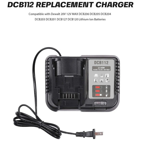 Replacement Dewalt 12V 20V Max Lithium Charger Station for DCB112 Batteries with Plugged Cord Visible, Fast Heat Dissipation