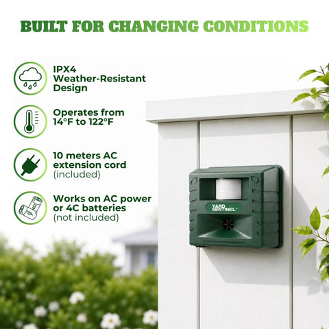 Yard Sentinel Ultrasonic Animal Repeller With 5500 Sq Ft Coverage And 24 Hour Motion Sensor, Night Scanner, Dual Ultrasonic And Sonic Alarm Tech To Keep Deer, Raccoon, Bear, Rabbit, Skunk And Fox Away, Includes 10m Extension Cord, mounted outdoors