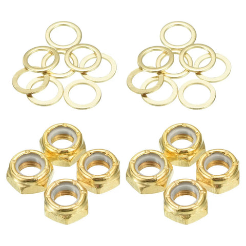 Gold finish lock nuts and spacers set, 5/16 inch thread, for skateboard lock nut set for longboards and cruisers two pack