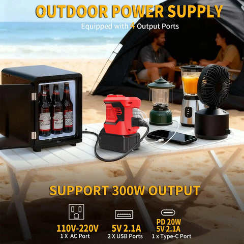 Hit The Road With Heavy Duty Juice From This 300W Portable Power Inverter For Makita 20V And 18V Batteries Converting DC To AC 110V For Camping featuring a portable inverter powering devices outdoors.