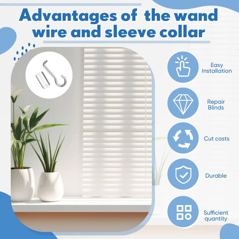 Image showing the advantages of the 4 Pack Wand Wire And Sleeve Collar Replacement Kit For Horizontal Mini Blinds With Hook displayed next to blinds.