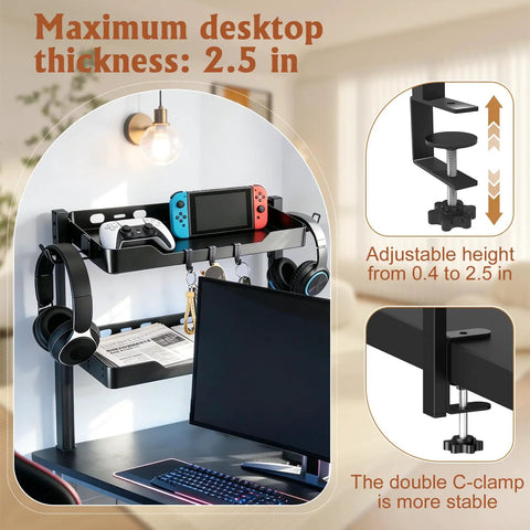 Two-Tier Clamp-On Desk Shelf And Organizer For Under Desk Storage With Hooks And High Load-Bearing Capacity, gaming setup
