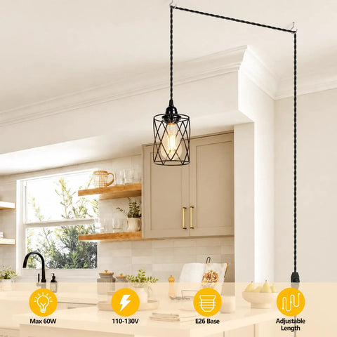 Sleek 15 Foot Plug In Pendant Light With Dimmable Black Metal Shade And Twisted Cord Zero Hassle Hook Up Industrial Ceiling Fixture hanging in a kitchen.