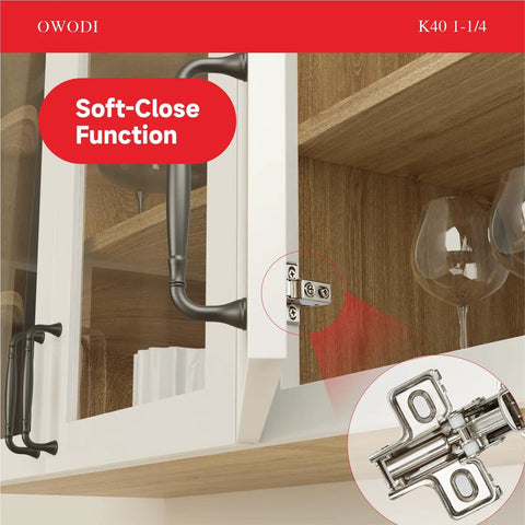 Six Pack 1-1/4 Inch Overlay 40mm Cup 95 Degree Soft Close Concealed Self Closing Three Way Adjustable Face Frame Cabinet Hinges installed