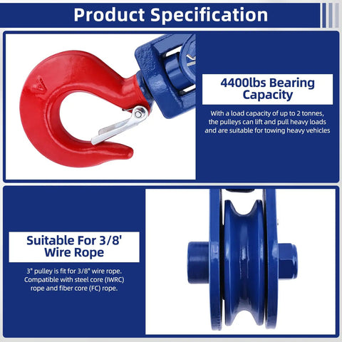2 Ton Snatch Block With Hook Heavy Duty Pulley For Winches And Tow Rigs, Rugged 3 Inch Sheave, 3/8 Inch Wire, Shackle End Fittings, Converts Load Direction Up To 4400 Lb, Perfect For Off Road Recovery, red hook snatch block with blue 3 inch pulley