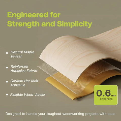 Cross-section view of Maple Veneer Edge Banding Roll One-Half Inch By Fifty Feet Preglued Wood Tape with Iron-On Hot Melt Adhesive layers.