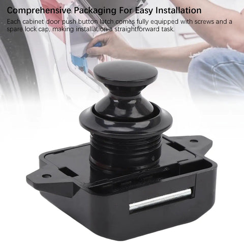 Cabinet Door Push Button Latch Kit With Zinc Alloy Lock for RV, showing black ABS latch and installation in progress.