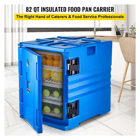 Insulated Food Pan Carrier with Wheeled Front Load Design for Catering and Delivery in blue finish, open view of contents.