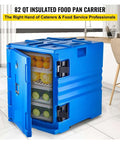Front view of blue Insulated Food Pan And Front Load Catering Box With Wheels 90L Capacity, showing open door and shelves with food.