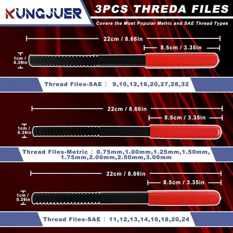 KUNGJUER 3-piece thread file set with red-handled files; high-carbon steel, metric and SAE thread files.