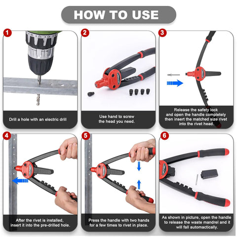 Step by step guide on using the Heavy Duty Pop Rivet Gun 13 Inch Pro Hand Riveter With Automatic Rebound Spring.