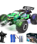 Rad All Terrain RC Monster Truck Off Road 2WD Hobby Car, vibrant green, LED lights, shown with remote and batteries
