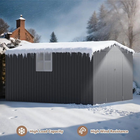 Outdoor Metal Storage Shed Black 10x12 Ft With Lockable Doors And Clear Window Waterproof Tool Storage Building For Backyard