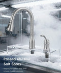 Two Hole Kitchen Faucet With Pull Down Sprayer In Brushed Nickel Finish Stainless Steel Body undergoing salt spray test