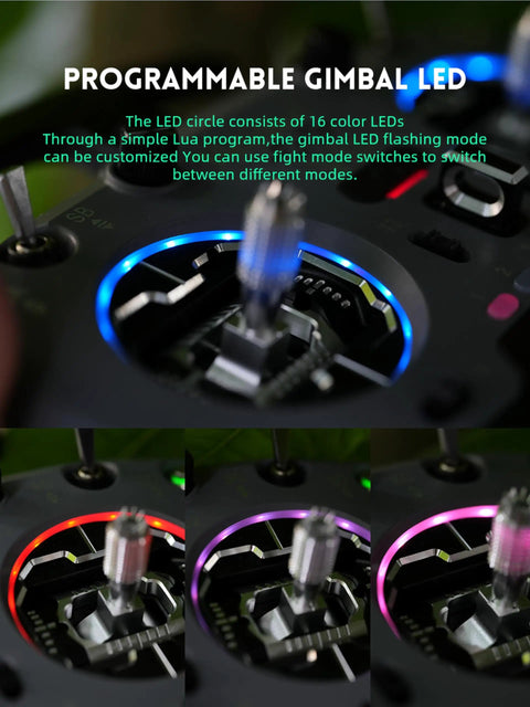 Close-up of Pro Grade ELRS FPV Radio Transmitter with programmable gimbal LED lights, showing customization options.