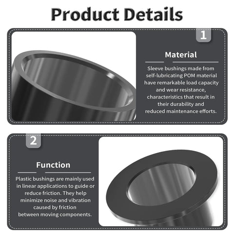 Self Lubricating POM Flanged Sleeve Bearings 12mm ID 14mm OD 15mm Length 4 Pc Pack showing material and function